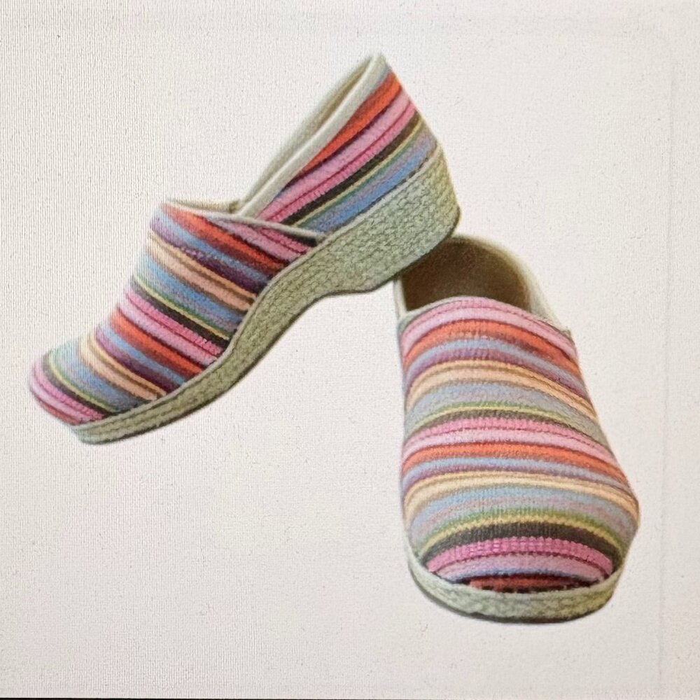 Dansko Vegan Canvas Clogs – Women’s Size 8 (EU 38) – Colorful Striped Comfort